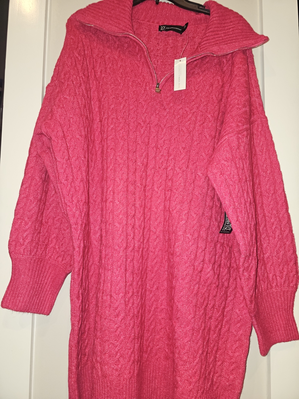 NY Collection Hot Pink Cable-Knit Half-Zip Turtleneck Sweater